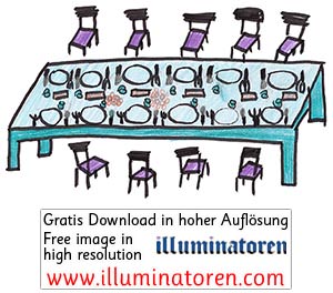 Abendmahl, Tisch, zwoelf Plaetze, Besteck, Teller, Stuehle, Zeichnung, Illustration, Druckaufloesung, Gratisbild, Illuminatoren, kirchliche Jugendarbeit, katholische Kirche, Pastoralraum meggerwald pfarreien, Horw, Christentum