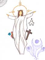 Auferstehung, Figur, weiss, Kirche, Kreuz, Heiligenschein, Engel, Jesus, Zeichnung, Illustration, Druckaufloesung, Gratisbild, Illuminatoren, kirchliche Jugendarbeit, katholische Kirche, Pastoralraum meggerwald pfarreien, Horw, Christentum