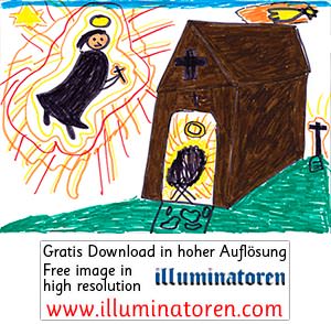 Engel, Trompete, Stall, Stern von Bethlehem, Krippe, Kreuz, Christkind, Weihnachten, 24. Dezember, X-Mas, Heiligabend, Christnacht, Zeichnung, Illustration, Druckaufloesung, Gratisbild, Illuminatoren, kirchliche Jugendarbeit, katholische Kirche, Pastoralr