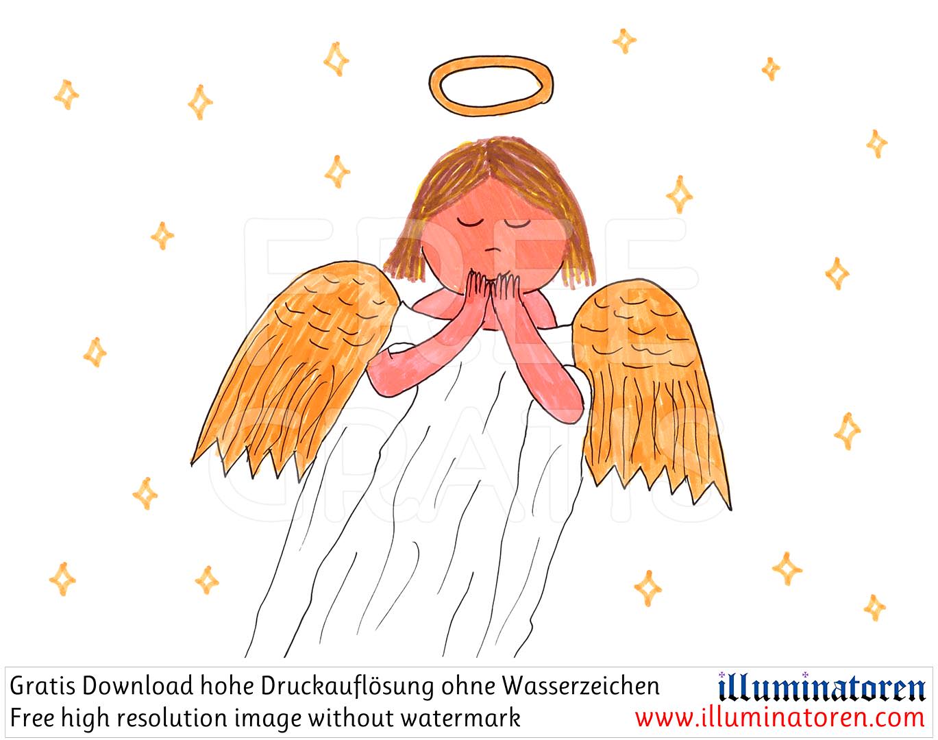 Engel, Flügel, Sterne, Sternenhimmel, Hände vor dem Mund, scheu, Stille, Augen geschlossen, Weihnachten, 24. Dezember, X-Mas, Heiligabend, Christnacht, Zeichnung, Illustration, Druckaufloesung, Gratisbild, Illuminatoren, kirchliche Jugendarbeit, katholi