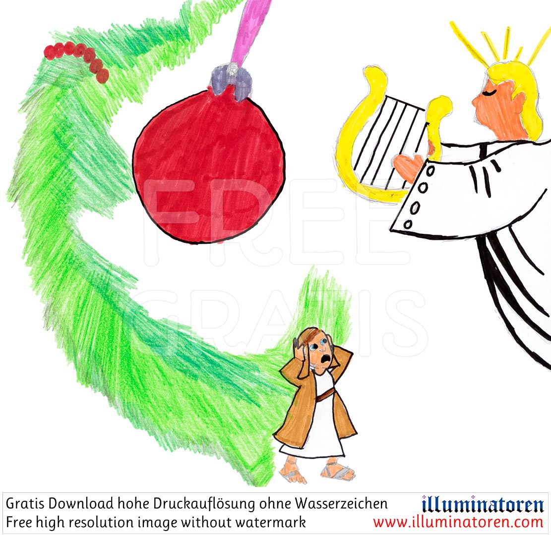 Engel, Christbaumkugel, Tannenzweig, Harfe, Musik, Schock, Staunen, Weihnachten, 24. Dezember, X-Mas, Heiligabend, Christnacht, Zeichnung, Illustration, Druckaufloesung, Gratisbild, Illuminatoren, kirchliche Jugendarbeit, katholische Kirche, Pastoralraum