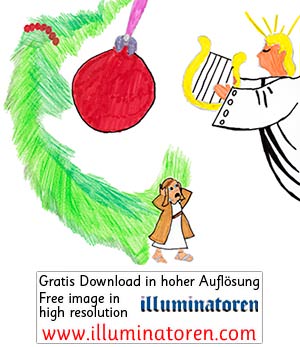 Engel, Christbaumkugel, Tannenzweig, Harfe, Musik, Schock, Staunen, Weihnachten, 24. Dezember, X-Mas, Heiligabend, Christnacht, Zeichnung, Illustration, Druckaufloesung, Gratisbild, Illuminatoren, kirchliche Jugendarbeit, katholische Kirche, Pastoralraum