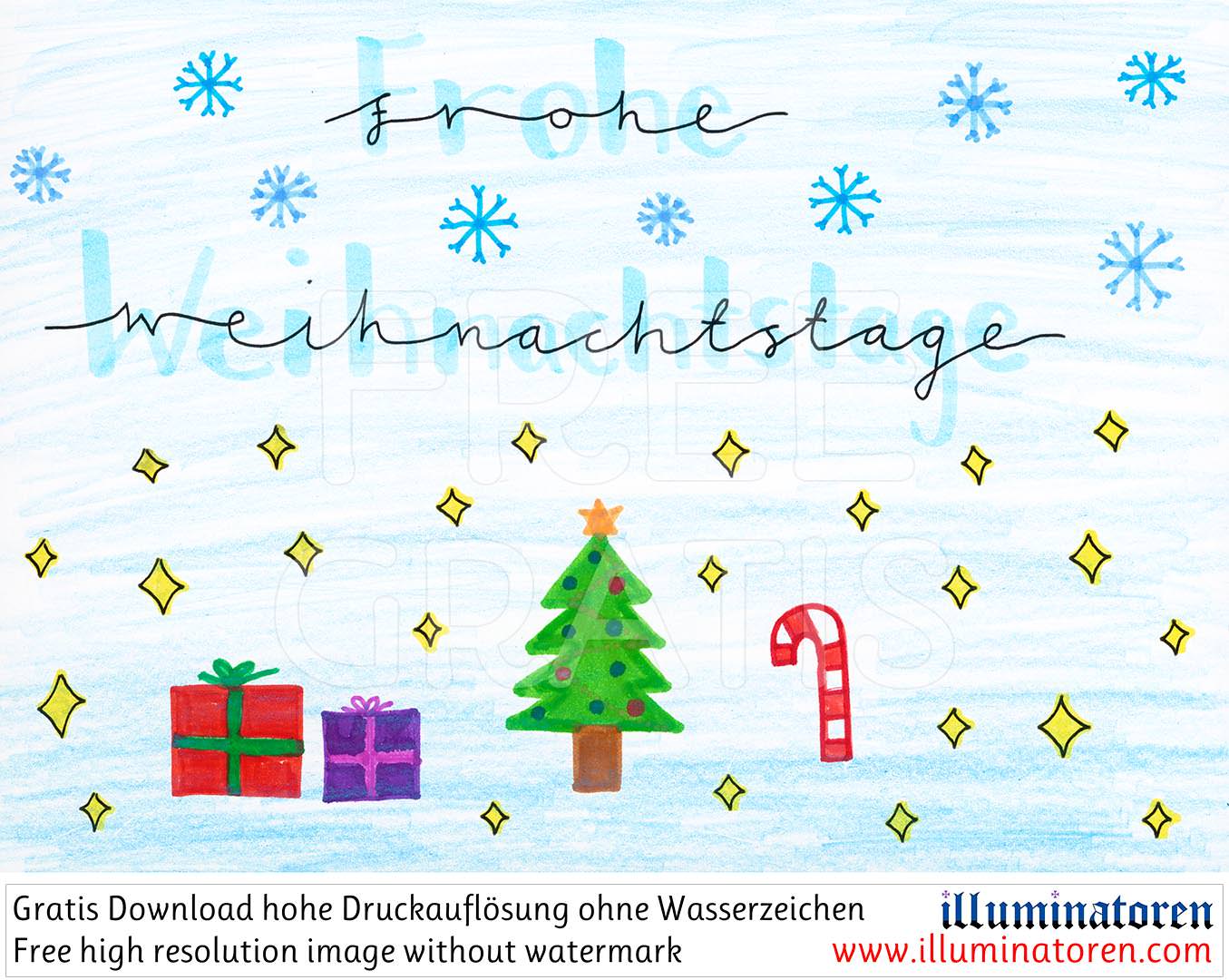 Frohe Weihnachtstage, Schneelandschaft, Sterne, Schneeflocken, Geschenke, Tannenbaum, Zuckerstange, Weihnachten, 24. Dezember, X-Mas, Heiligabend, Christnacht, Zeichnung, Illustration, Druckaufloesung, Gratisbild, Illuminatoren, kirchliche Jugendarbeit, k