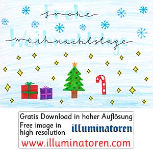 Frohe Weihnachtstage, Schneelandschaft, Sterne, Schneeflocken, Geschenke, Tannenbaum, Zuckerstange, Weihnachten, 24. Dezember, X-Mas, Heiligabend, Christnacht, Zeichnung, Illustration, Druckaufloesung, Gratisbild, Illuminatoren, kirchliche Jugendarbeit, k