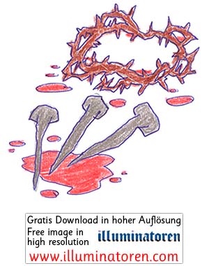 Kreuzigung, Naegel, Dornenkrone, Blut, Comic, Zeichnung, Illustration, Druckaufloesung, Gratisbild, Illuminatoren, kirchliche Jugendarbeit, katholische Kirche, Pastoralraum meggerwald pfarreien, Horw, Christentum