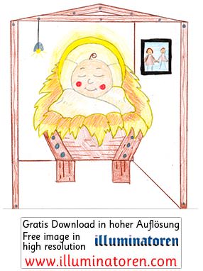 Jesuskind, Christkind, herzig, lustig, rote Backen, Wand Bild Eltern, kleine Huette, Licht, Stroh, Wiege, Weihnachten, 24. Dezember, X-Mas, Heiligabend, Christnacht, Zeichnung, Illustration, Druckaufloesung, Gratisbild, Illuminatoren, kirchliche Jugendarb