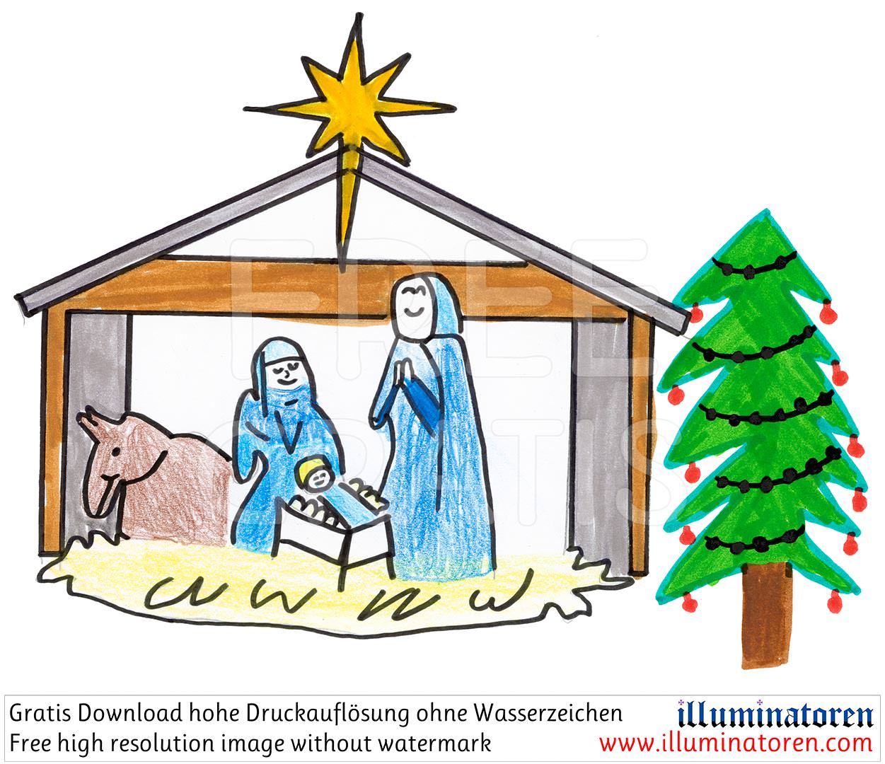 Krippe, Jesuskind, Christkind, Tier, Stern Bethlehem, Tannenbaum, Weihnachtsschmuck, Frauen, Maria, Weihnachten, 24. Dezember, X-Mas, Heiligabend, Christnacht, Zeichnung, Illustration, Druckaufloesung, Gratisbild, Illuminatoren, kirchliche Jugendarbeit, k