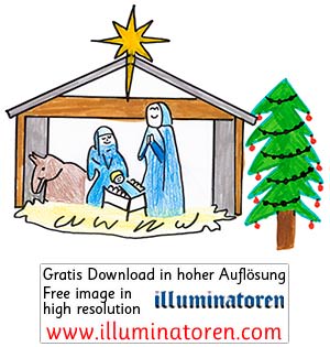 Krippe, Jesuskind, Christkind, Tier, Stern Bethlehem, Tannenbaum, Weihnachtsschmuck, Frauen, Maria, Weihnachten, 24. Dezember, X-Mas, Heiligabend, Christnacht, Zeichnung, Illustration, Druckaufloesung, Gratisbild, Illuminatoren, kirchliche Jugendarbeit, k