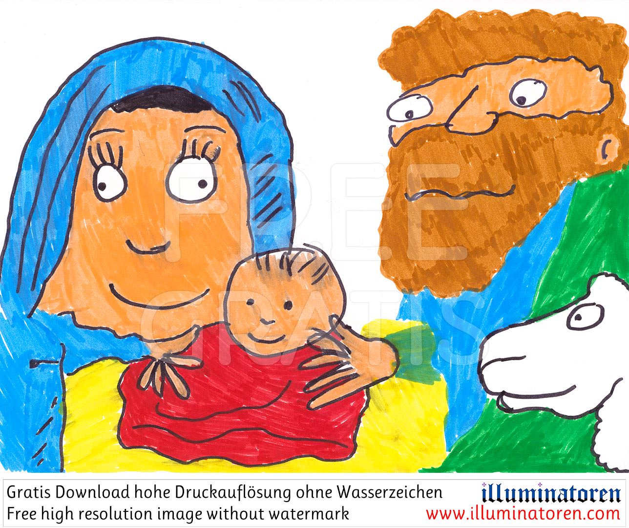 Jesuskind, Christkind, Josef, Maria, Schaf, lustig, Comic, Krippe, Weihnachten, 24. Dezember, X-Mas, Heiligabend, Christnacht, Zeichnung, Illustration, Druckaufloesung, Gratisbild, Illuminatoren, kirchliche Jugendarbeit, katholische Kirche, Pastoralraum m