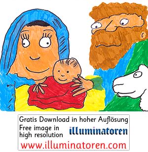 Jesuskind, Christkind, Josef, Maria, Schaf, lustig, Comic, Krippe, Weihnachten, 24. Dezember, X-Mas, Heiligabend, Christnacht, Zeichnung, Illustration, Druckaufloesung, Gratisbild, Illuminatoren, kirchliche Jugendarbeit, katholische Kirche, Pastoralraum m