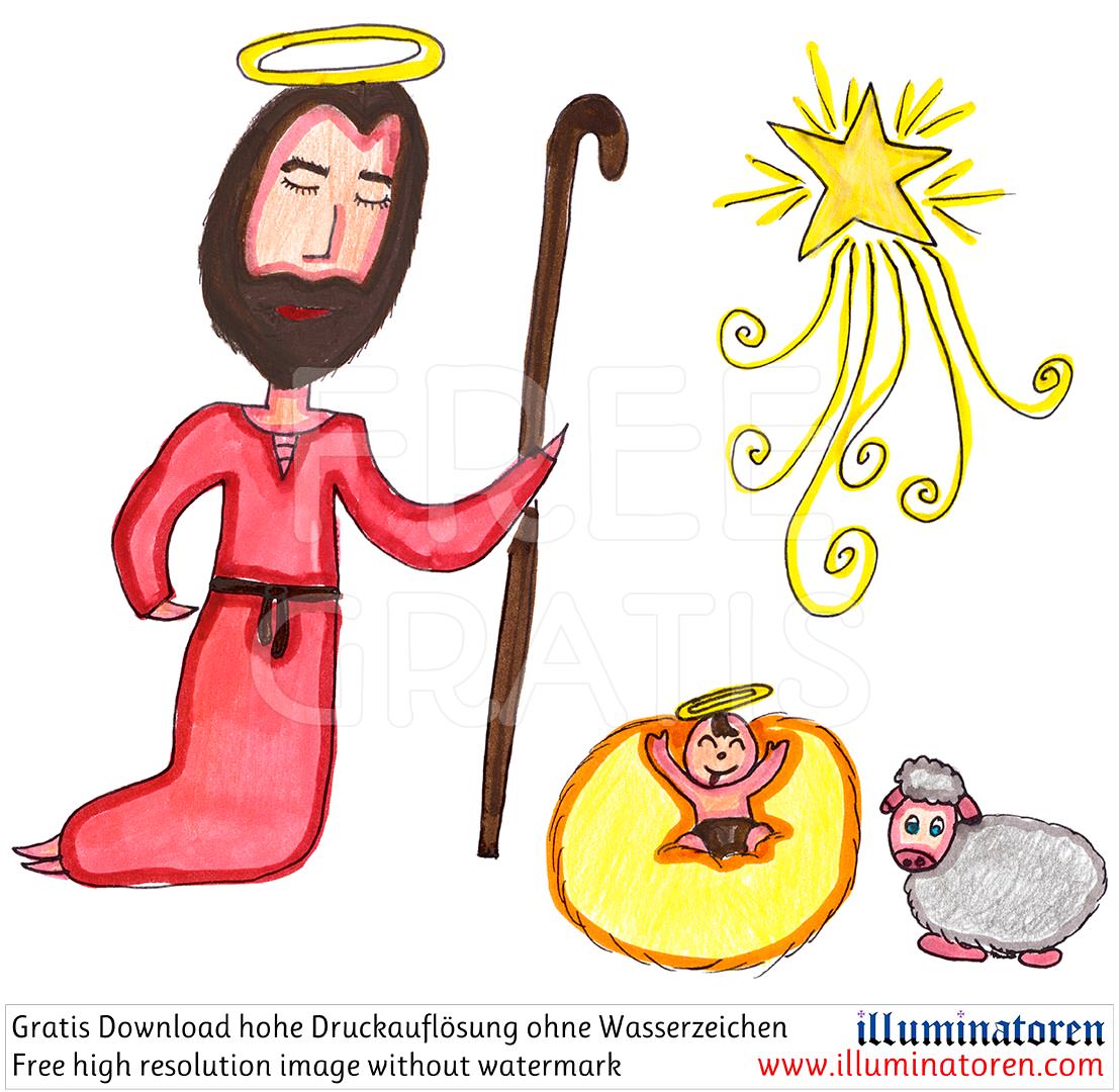 Jesuskind, Christkind, Schaf, Stern von Bethlehem, Josef, Heiligenschein, Weihnachten, 24. Dezember, X-Mas, Heiligabend, Christnacht, Zeichnung, Illustration, Druckaufloesung, Gratisbild, Illuminatoren, kirchliche Jugendarbeit, katholische Kirche, Pastora