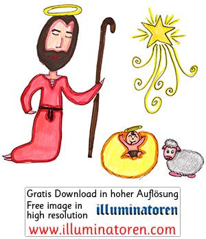 Jesuskind, Christkind, Schaf, Stern von Bethlehem, Josef, Heiligenschein, Weihnachten, 24. Dezember, X-Mas, Heiligabend, Christnacht, Zeichnung, Illustration, Druckaufloesung, Gratisbild, Illuminatoren, kirchliche Jugendarbeit, katholische Kirche, Pastora