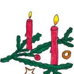 Kerzen, Adventskranz, rot, brennend, Tannenbaumzweig, Christbaumzweig, Guetzli, Keckse, Dekoration, besinnlich, feierlich, Weihnachten, 24. Dezember, X-Mas, Heiligabend, Christnacht, Zeichnung, Illustration, Druckaufloesung, Gratisbild, Illuminatoren, kir