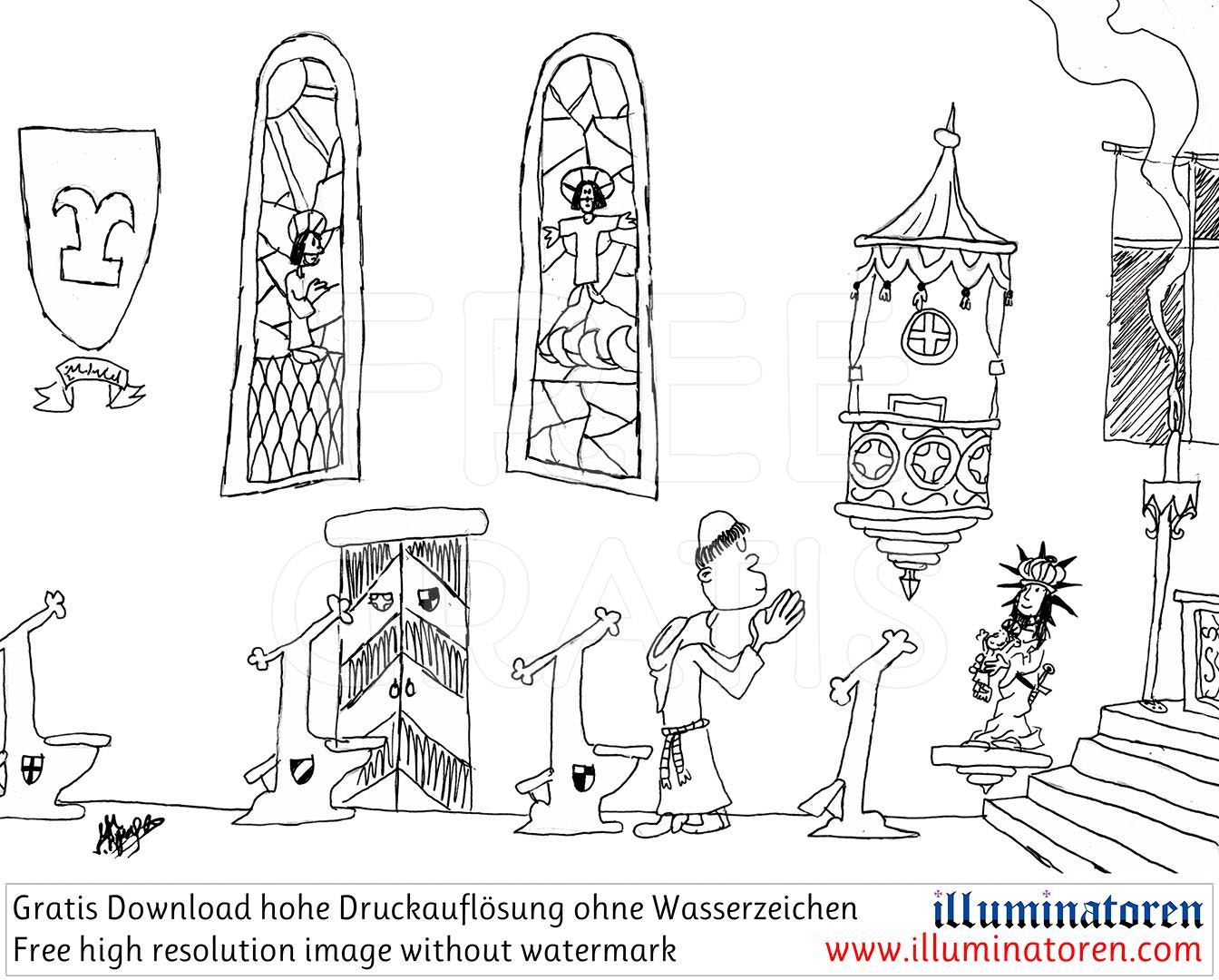 Kirche, Kloster, Moench, meditieren, Gebet, Kirchenbank, Kirchenfenster, schwarzweiss, Zeichnung, Illustration, Druckaufloesung, Gratisbild, Illuminatoren, kirchliche Jugendarbeit, katholische Kirche, Pastoralraum meggerwald pfarreien, Horw, Christentum