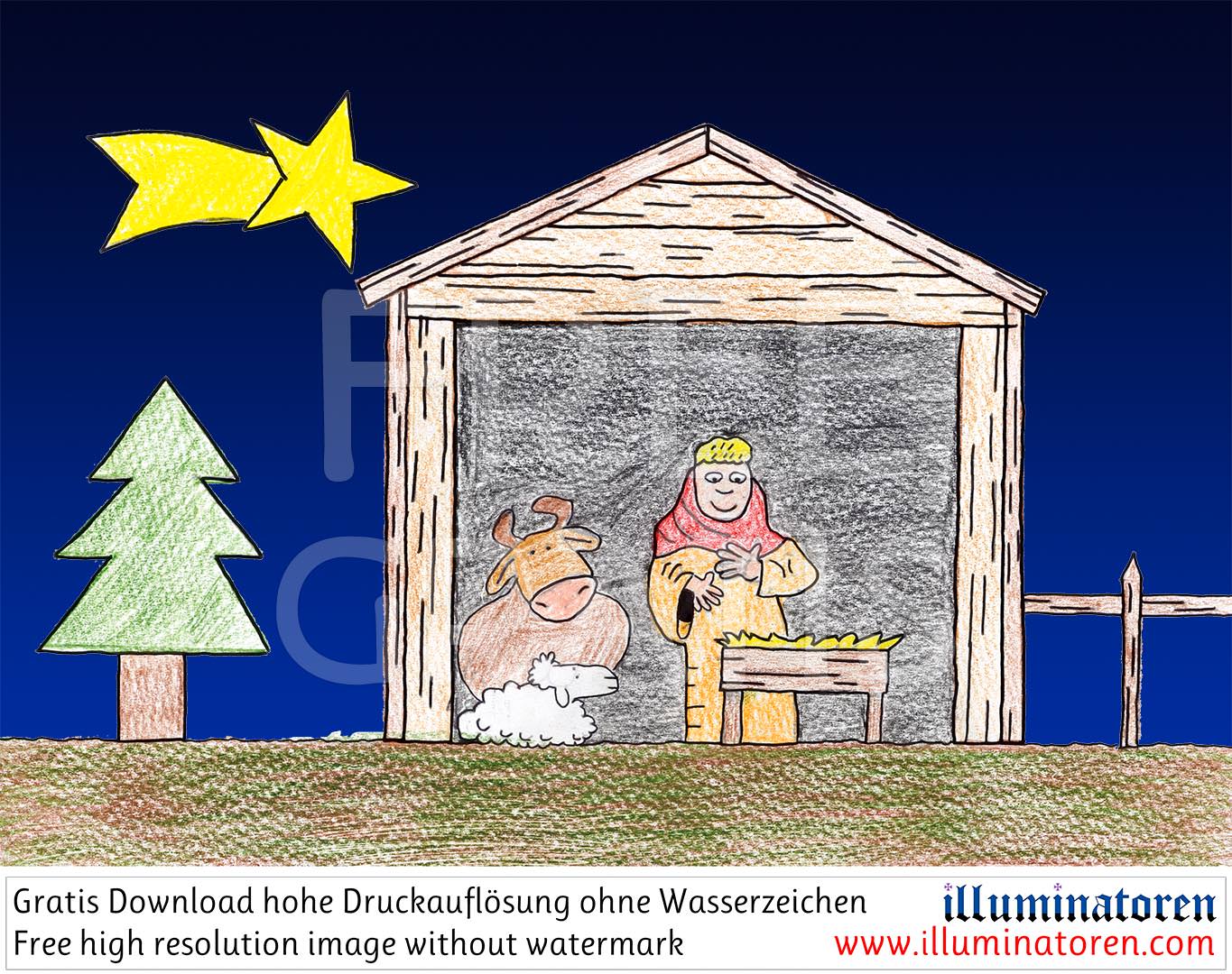 Krippe, Ochs, Schaf, Tannenbaum, Stroh, Christkind, Weihnachtskind, warten, Zaun, Holzhütte, Schuppen, Stall, Weihnachtsstern, Stern von Bethlehem, Weihnachten, 24. Dezember, X-Mas, Heiligabend, Christnacht, Zeichnung, Illustration, Druckaufloesung, Grat