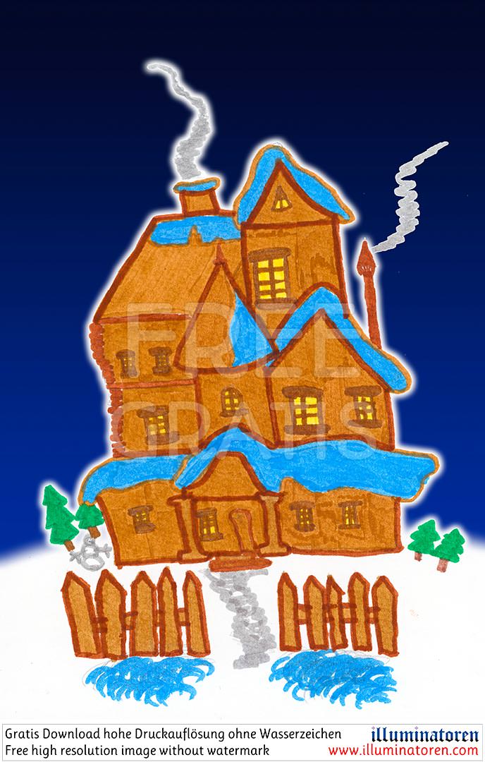 Lebkuchenhaus, Winterlandschaft, Schneelandschaft, verschneit, Rauch, Kamin, hoch, Villa, Eingang, Weg, Weihnachten, 24. Dezember, X-Mas, Heiligabend, Christnacht, Zeichnung, Illustration, Druckaufloesung, Gratisbild, Illuminatoren, kirchliche Jugendarbei