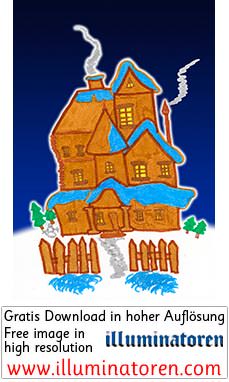 Lebkuchenhaus, Winterlandschaft, Schneelandschaft, verschneit, Rauch, Kamin, hoch, Villa, Eingang, Weg, Weihnachten, 24. Dezember, X-Mas, Heiligabend, Christnacht, Zeichnung, Illustration, Druckaufloesung, Gratisbild, Illuminatoren, kirchliche Jugendarbei