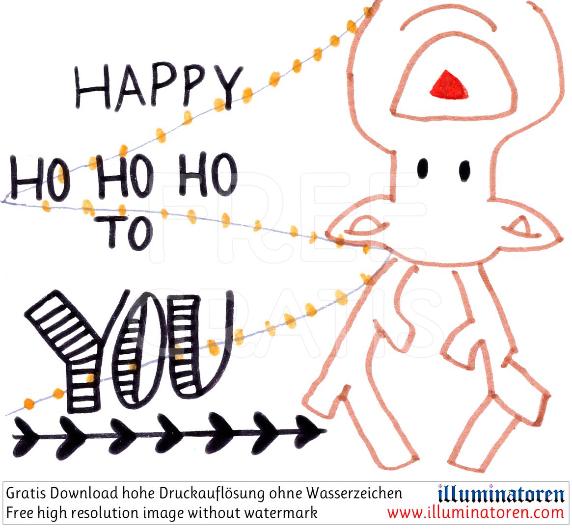 Rentier, verdreht, auf dem Kopf, rote Nase, Happy Ho Ho Ho You, Girlande, Weihnachten, 24. Dezember, X-Mas, Heiligabend, Christnacht, Zeichnung, Illustration, Druckaufloesung, Gratisbild, Illuminatoren, kirchliche Jugendarbeit, katholische Kirche, Pastora