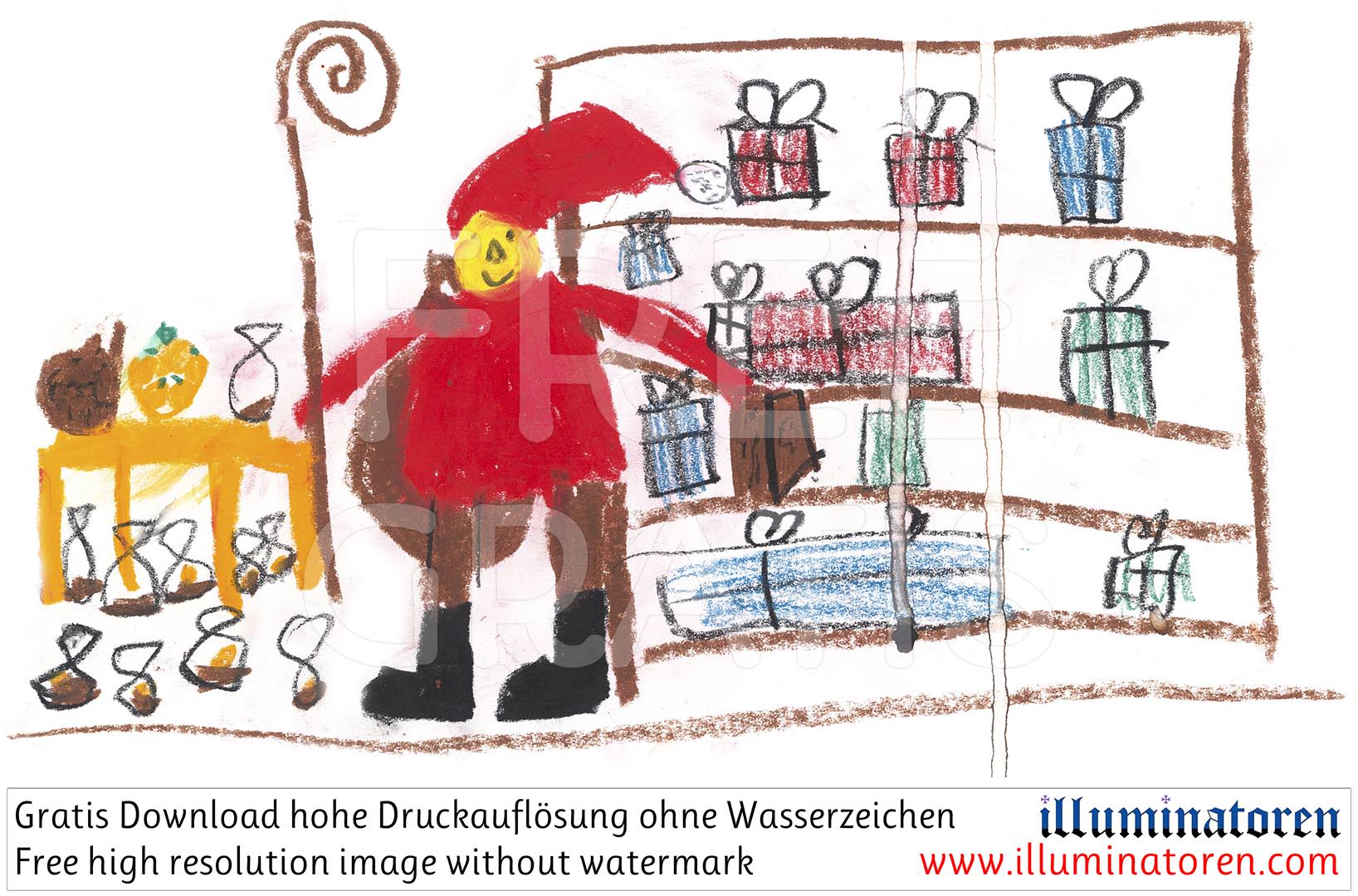 St. Nikolaus, Samichlaus, Gestell Geschenke, Stab, Kinderzeichnung, Zeichnung, Illustration, Druckaufloesung, Gratisbild, Illuminatoren, kirchliche Jugendarbeit, katholische Kirche, Pastoralraum meggerwald pfarreien, Horw, Christentum