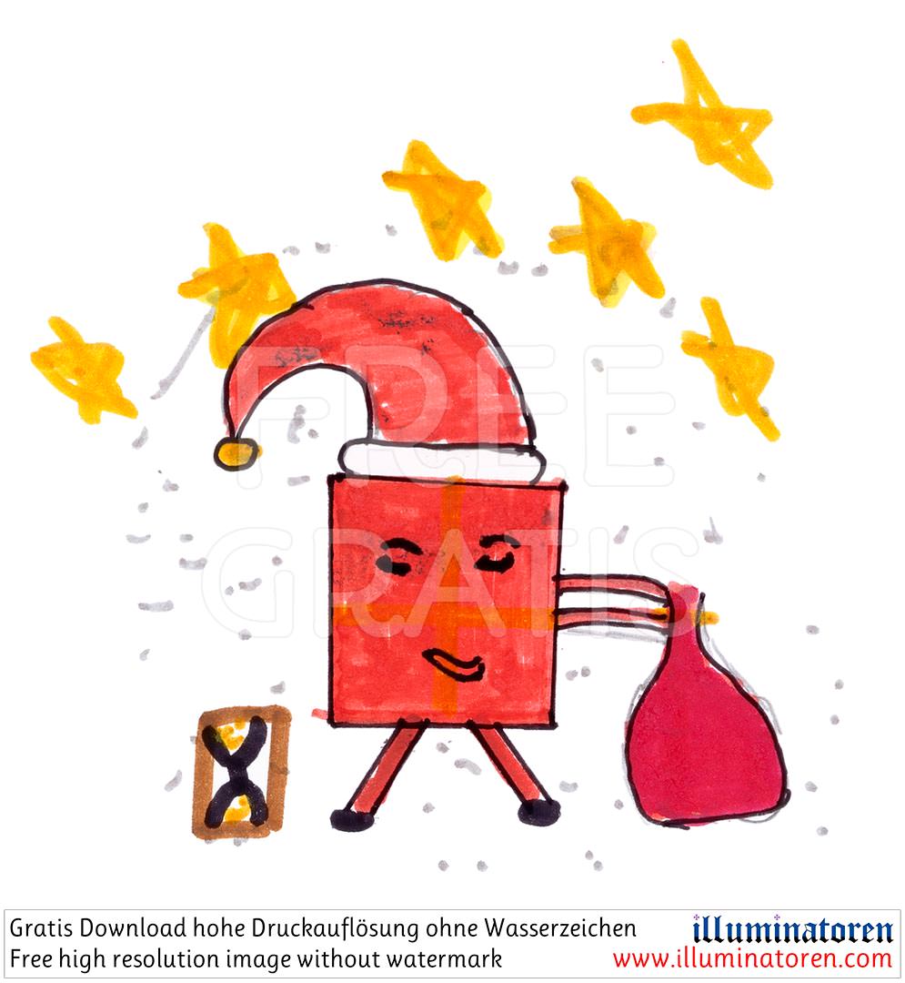 Weihnachtsfigur, Weihnachtsmann, Box, Sack, Laterne, Sterne, Weihnachten, 24. Dezember, X-Mas, Heiligabend, Christnacht, Zeichnung, Illustration, Druckaufloesung, Gratisbild, Illuminatoren, kirchliche Jugendarbeit, katholische Kirche, Pastoralraum meggerw