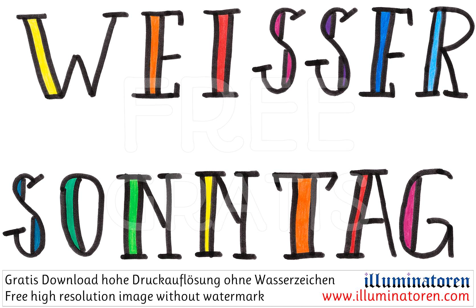 Weisser Sonntag, Schrift, bunt, Zeichnung, Illustration, Druckaufloesung, Gratisbild, Illuminatoren, kirchliche Jugendarbeit, katholische Kirche, Pastoralraum meggerwald pfarreien, Horw, Christentum