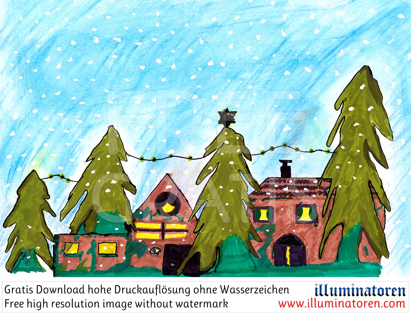 Winterlandschaft, Schneeflocken, verschneit, Lebkuchenhäuser, Licht hinter den Fenstern, Tannenbäume, Wald, Forst, Lichterkette, Weihnachten, 24. Dezember, X-Mas, Heiligabend, Christnacht, Zeichnung, Illustration, Druckaufloesung, Gratisbild, Illuminato