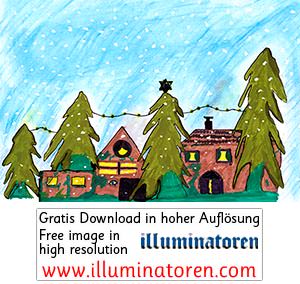 Winterlandschaft, Schneeflocken, verschneit, Lebkuchenhäuser, Licht hinter den Fenstern, Tannenbäume, Wald, Forst, Lichterkette, Weihnachten, 24. Dezember, X-Mas, Heiligabend, Christnacht, Zeichnung, Illustration, Druckaufloesung, Gratisbild, Illuminato