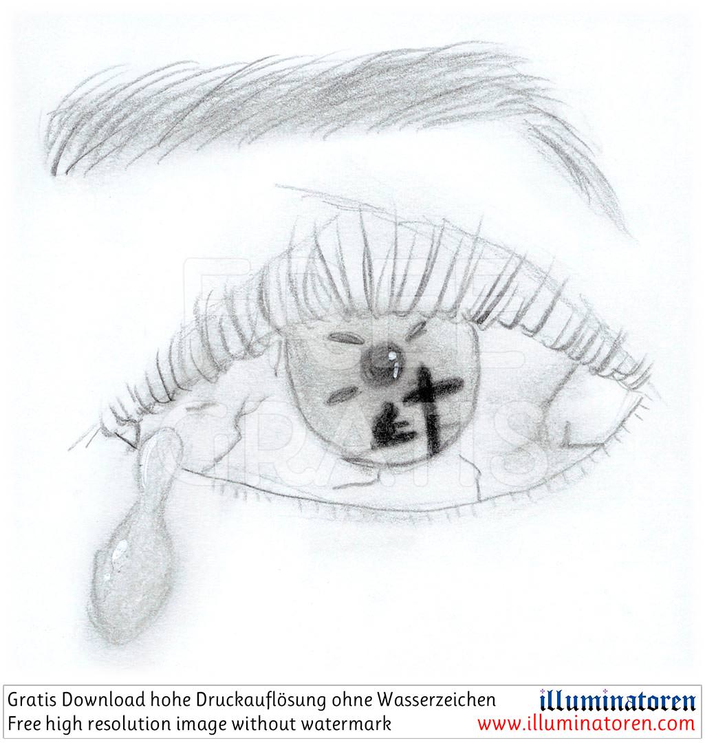 Auge Frau, Trauer, Traene, Kreuz, knien, Gebet, Comic, Cartoon, Clipart, Zeichnung, Bild, Kunst, Kuenstler, Christentum, Kirche