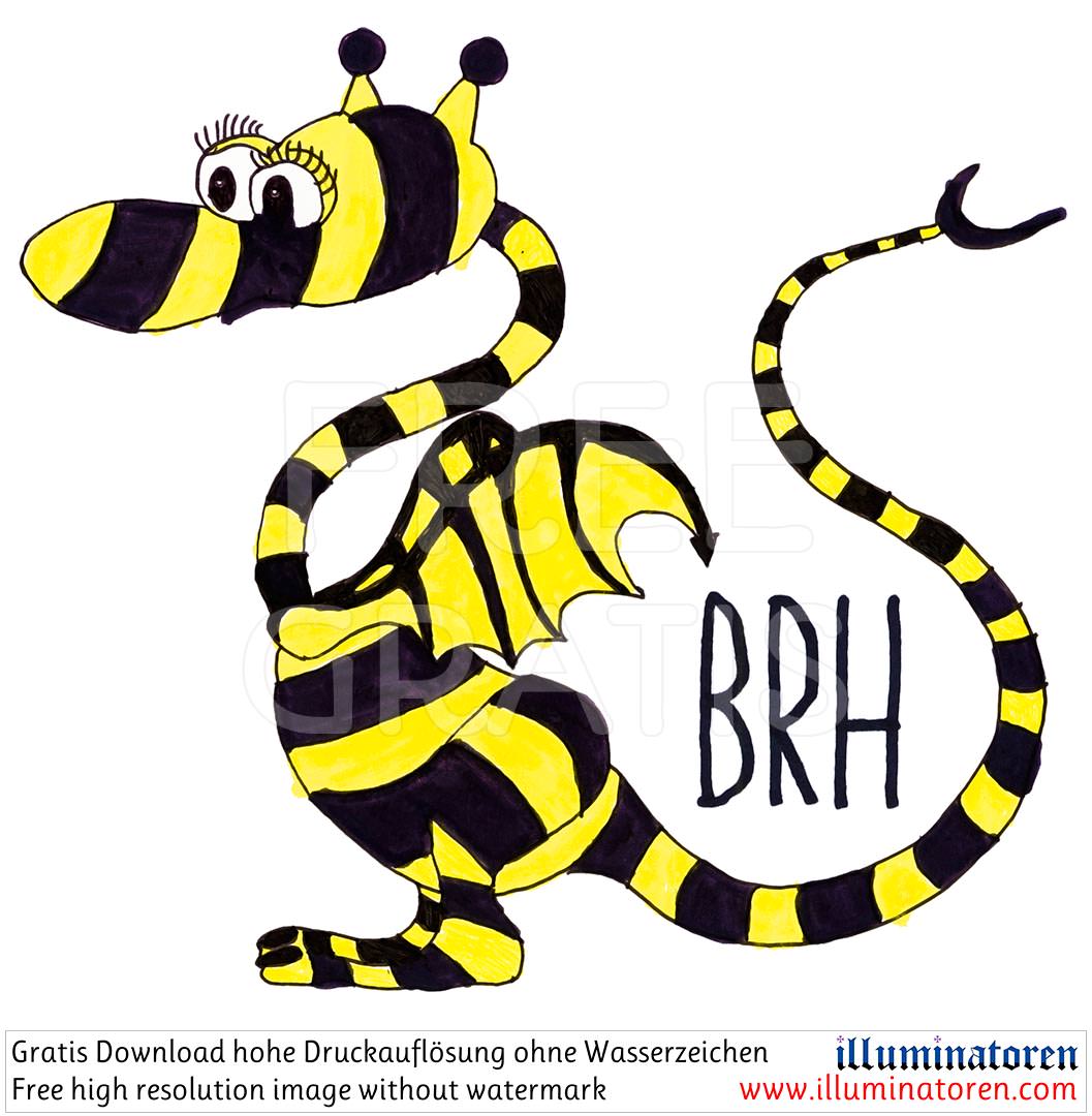 Blauring Horw, Drache, gelb schwarz, Logo Maskottchen, BRH, Comic, Cartoon, Clipart, Zeichnung, Bild, Kunst, Kuenstler, Christentum, Kirche