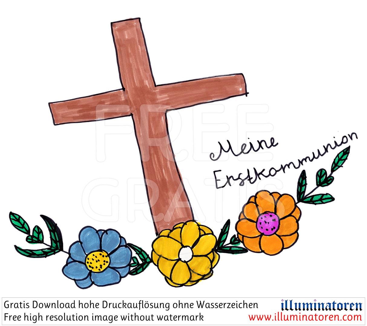Kreuz, Meine Erstkommunion, Blumen, Deko, Comic, Cartoon, Clipart, Zeichnung, Bild, Kunst, Kuenstler, Christentum, Kirche