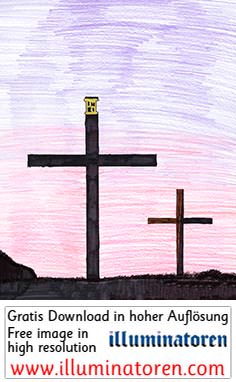 Golgota, Kreuzigung, zwei Kreuze, Daemmerung, Schild INRI, schwarz, Comic, Cartoon, Clipart, Zeichnung, Bild, Kunst, Kuenstler, Christentum, Kirche