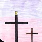 Golgota, Kreuzigung, zwei Kreuze, Daemmerung, Schild INRI, schwarz, Comic, Cartoon, Clipart, Zeichnung, Bild, Kunst, Kuenstler, Christentum, Kirche