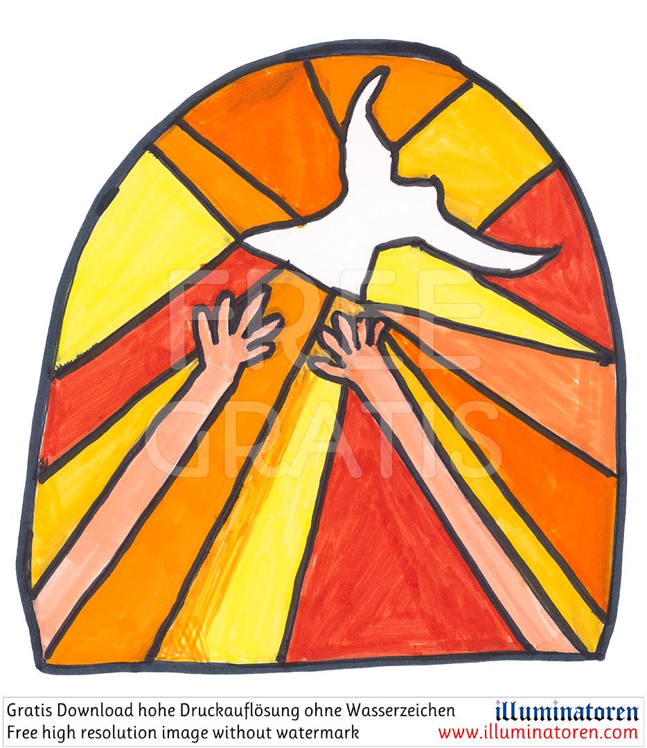 Heiliger Geist, Kirchenfenster, weisse Taube, Haende, Arme, rot, orange, Comic, Cartoon, Clipart, Zeichnung, Bild, Kunst, Kuenstler, Christentum, Kirche