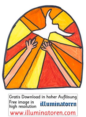 Heiliger Geist, Kirchenfenster, weisse Taube, Haende, Arme, rot, orange, Comic, Cartoon, Clipart, Zeichnung, Bild, Kunst, Kuenstler, Christentum, Kirche