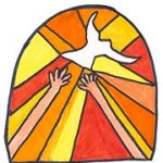 Heiliger Geist, Kirchenfenster, weisse Taube, Haende, Arme, rot, orange, Comic, Cartoon, Clipart, Zeichnung, Bild, Kunst, Kuenstler, Christentum, Kirche