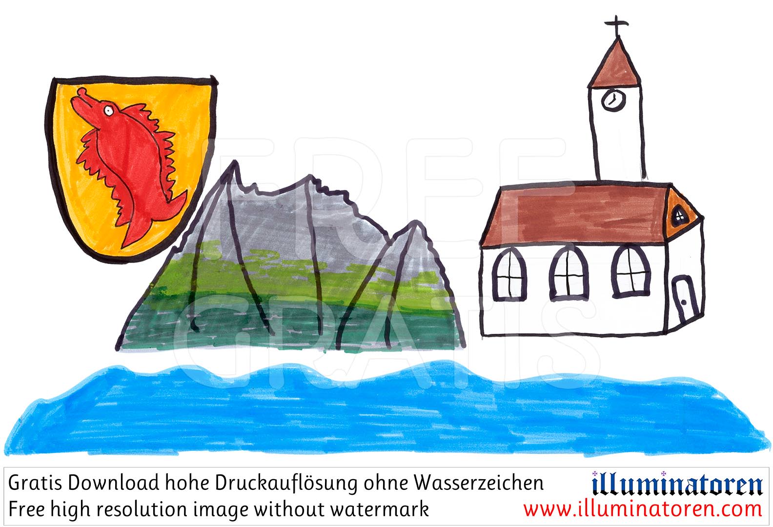 Horw Gemeinde, Wappen Eglifisch, Pilatus Berg, St Katharina Pfarrkirche, See, Comic, Cartoon, Clipart, Zeichnung, Bild, Kunst, Kuenstler, Christentum, Kirche