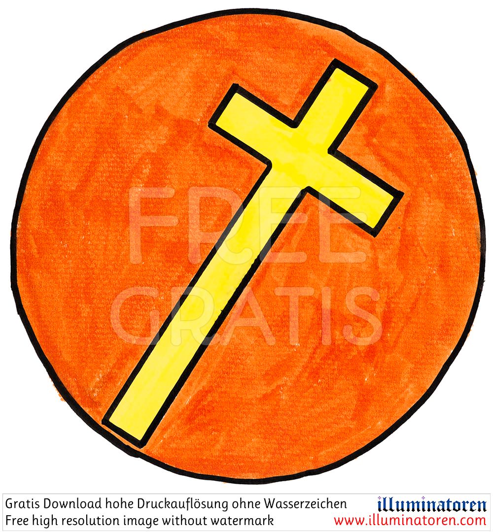 Kreuz, Kreis, orange, gelb, gekippt, Comic, Cartoon, Clipart, Zeichnung, Bild, Kunst, Kuenstler, Christentum, Kirche