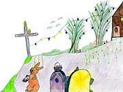 Ostern, Osterhase, Grab Jesus, Kreuz, Auferstehung, Frohe Ostern, Haus, Osternest, Comic, Cartoon, Clipart, Zeichnung, Bild, Kunst, Kuenstler, Christentum, Kirche