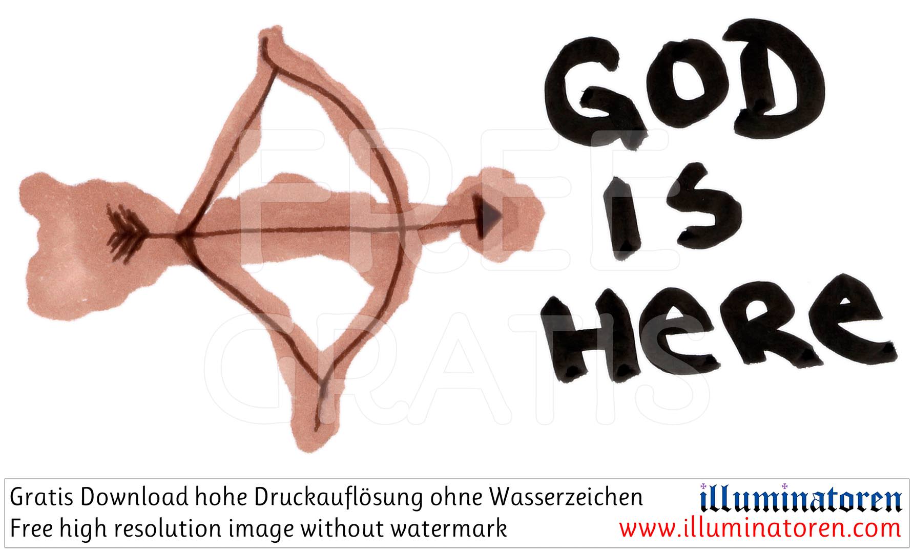 Spruch, God is here, Schrift, Pfeilbogen, braun, Comic, Cartoon, Clipart, Zeichnung, Bild, Kunst, Kuenstler, Christentum, Kirche