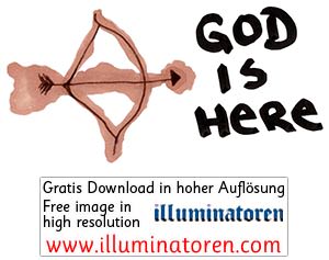 Spruch, God is here, Schrift, Pfeilbogen, braun, Comic, Cartoon, Clipart, Zeichnung, Bild, Kunst, Kuenstler, Christentum, Kirche