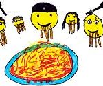 Spaghettiplausch, Teller, Smilies, Koepfe, Gabel, Loeffel, Tomatensauce, Comic, Cartoon, Clipart, Zeichnung, Bild, Kunst, Kuenstler, Christentum, Kirche