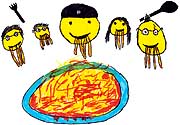 Spaghettiplausch, Teller, Smilies, Koepfe, Gabel, Loeffel, Tomatensauce, Comic, Cartoon, Clipart, Zeichnung, Bild, Kunst, Kuenstler, Christentum, Kirche