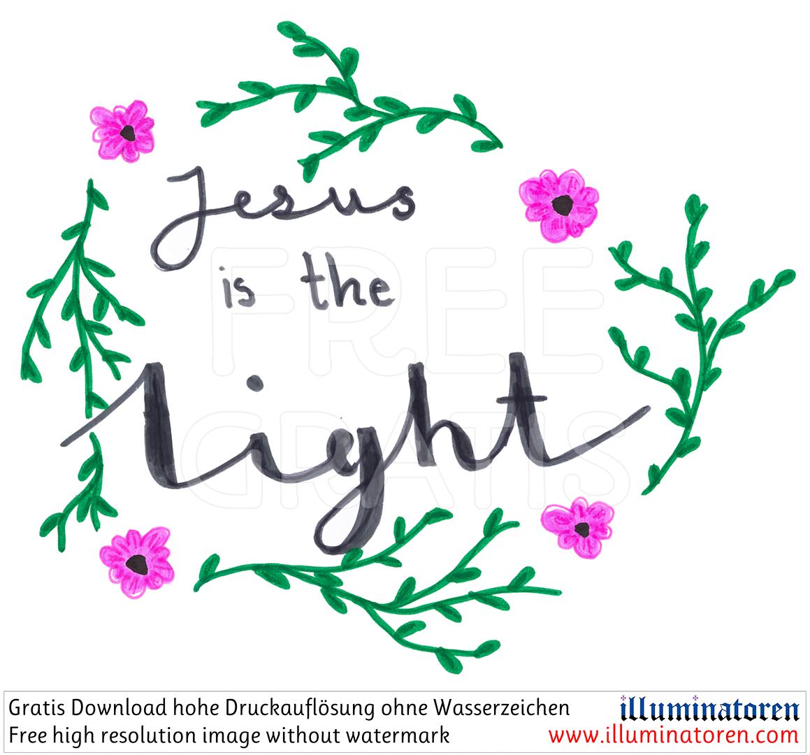 Spruch, Jesus is the Light, Pflanzen pink Blumen, gruen, Kranz, Comic, Cartoon, Clipart, Zeichnung, Bild, Kunst, Kuenstler, Christentum, Kirche