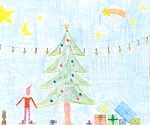 Weihnachten, Tannenbaum, Sterne, Geschenke, Hase, Stern von Bethlehem, Lampenkette, Weihnachtself, Comic, Cartoon, Clipart, Zeichnung, Bild, Kunst, Kuenstler, Christentum, Kirche